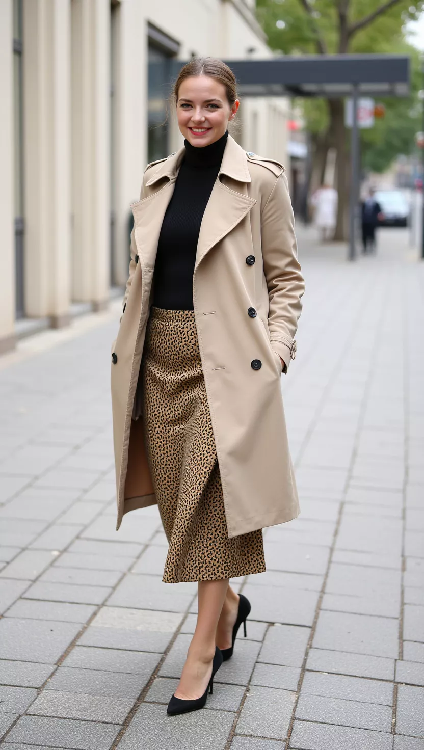 A beautiful woman in a classic beige trench coat, a fitted black sweater, a patterned silk midi skirt, and black pointed-toe heels, she walks down a city street.