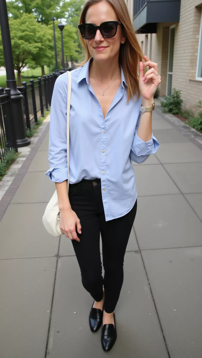 Chambray Shirt + Black Dress Pants + Loafers A beautiful woman in a light blue chambray shirt, black dress pants, and black leather loafers, with a delicate silver necklace.