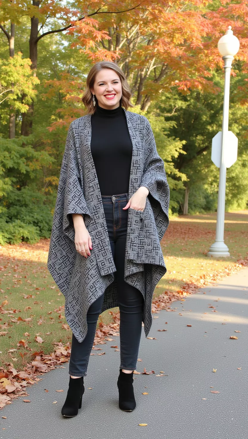 A beautiful woman in a patterned wool cape, a black turtleneck, dark wash skinny jeans, and black suede ankle boots, posing in front of autumn trees.