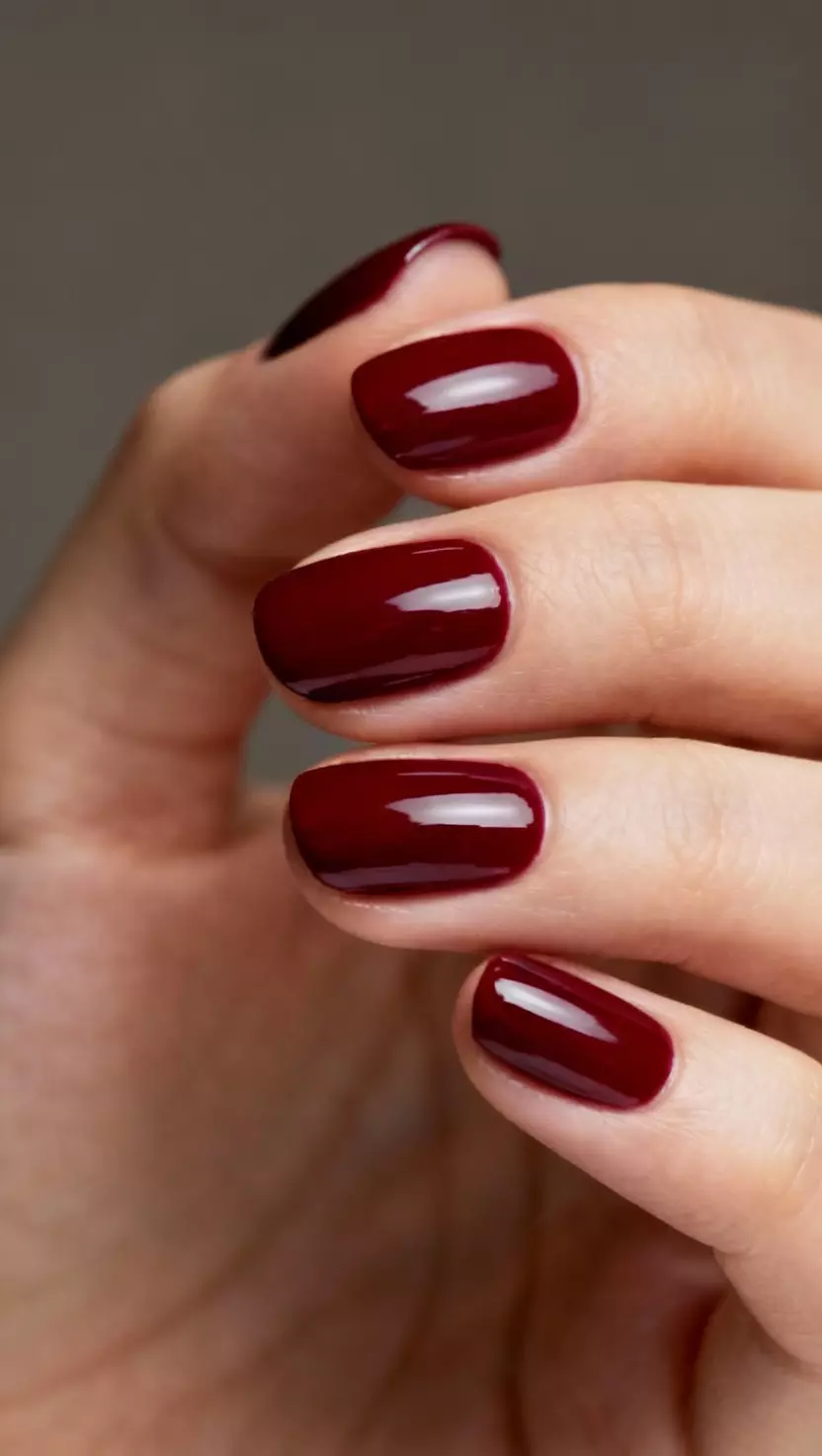 close-up shot of a woman’s hand showing nails with glossy, dark red polish on short oval nails, close-up nail photography, nail polish designs, pinterest aesthetic