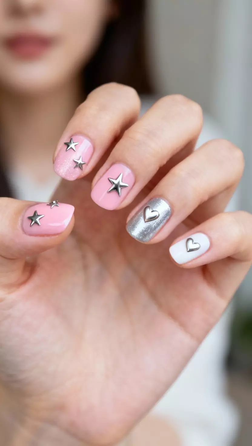 close-up shot of a woman’s hand showing nails with pink, silver, and white with small metallic embellishments like a star and a heart on short rounded nails, close-up nail photography, nail polish designs, pinterest aesthetic