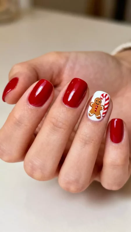 close-up shot of a woman’s hand showing nails with solid red nails and accent nails with gingerbread men and candy canes on short oval nails, close-up nail photography, nail polish designs, pinterest aesthetic