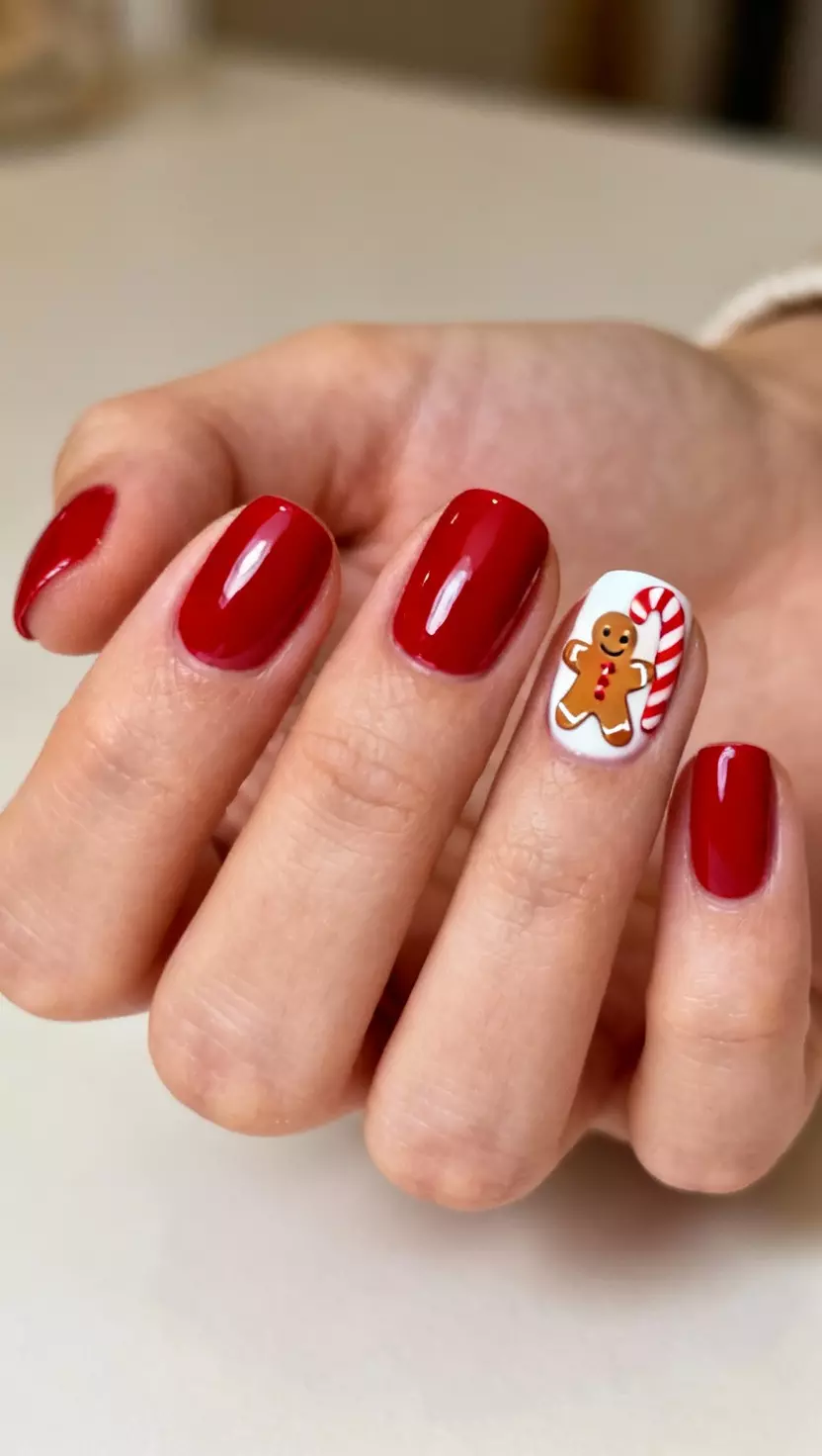 close-up shot of a woman’s hand showing nails with solid red nails and accent nails with gingerbread men and candy canes on short oval nails, close-up nail photography, nail polish designs, pinterest aesthetic
