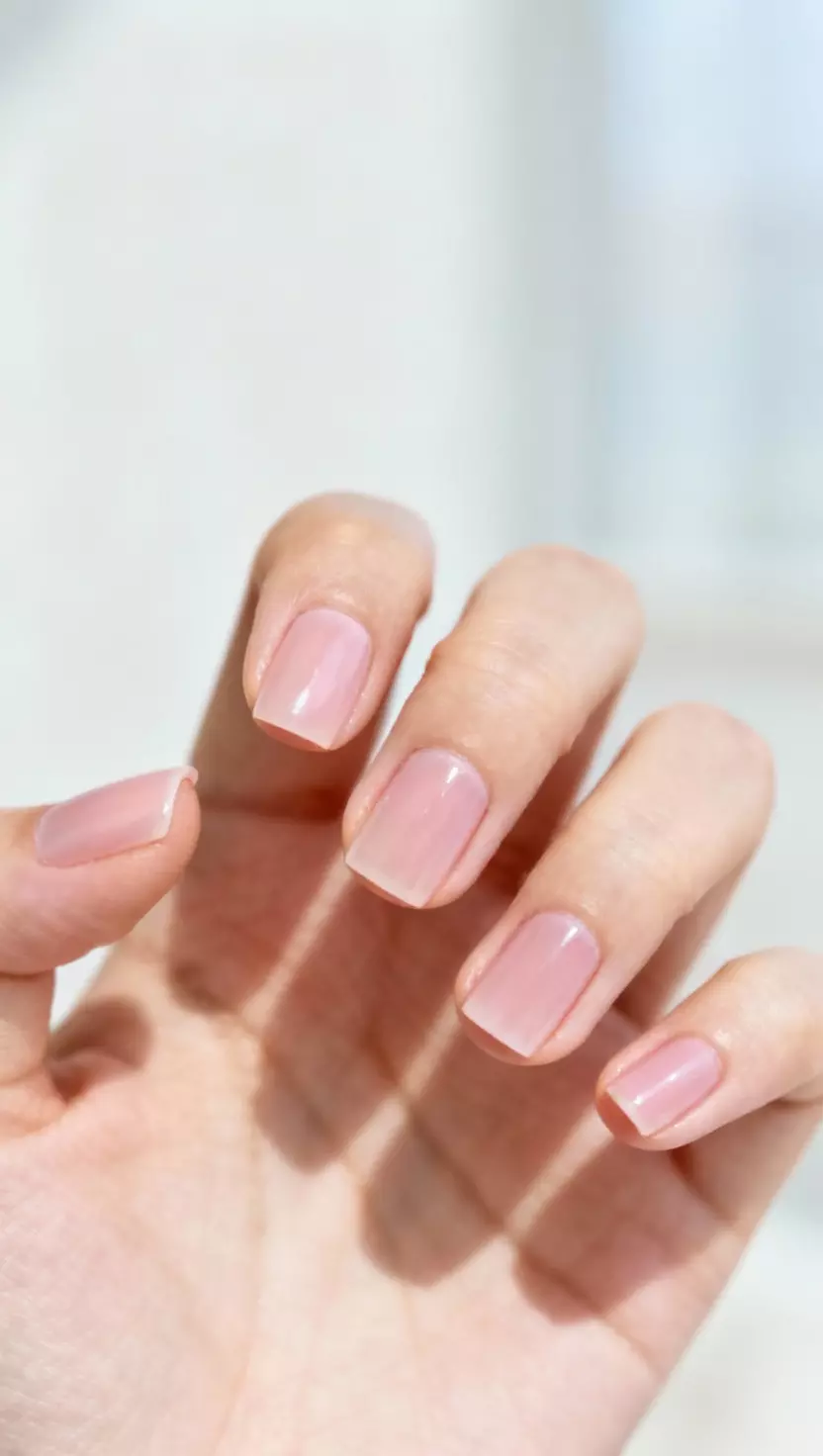 close-up shot of a woman’s hand showing nails with a delicate, sheer baby pink or nude polish on short square nails, close-up nail photography, nail polish designs, pinterest aesthetic