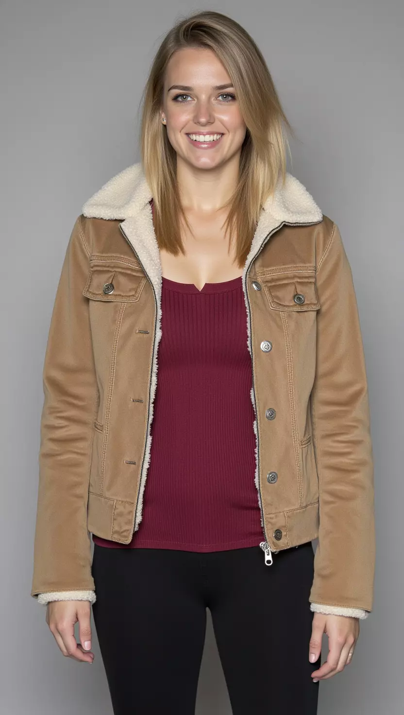 Shearling Jackets and Warmth A photo of a beautiful woman with blonde hair in a brown shearling-lined jacket, maroon top, female fashion model full body shot, editorial style photography.