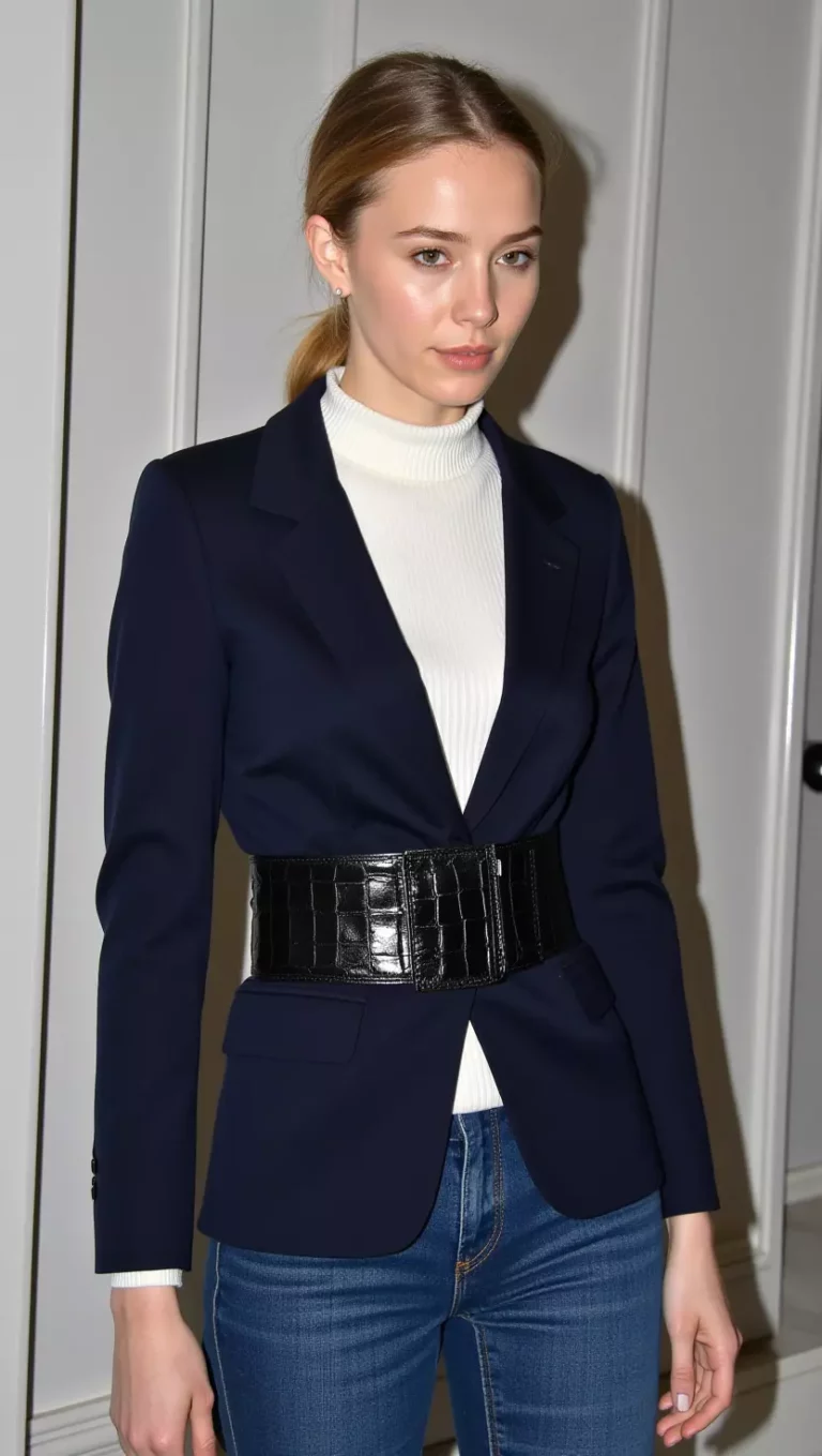 A photo of a beautiful woman in a dark navy blazer cinched with a black crocodile-embossed belt, white ribbed sweater, blue jeans, female fashion model full body shot, editorial style photography.