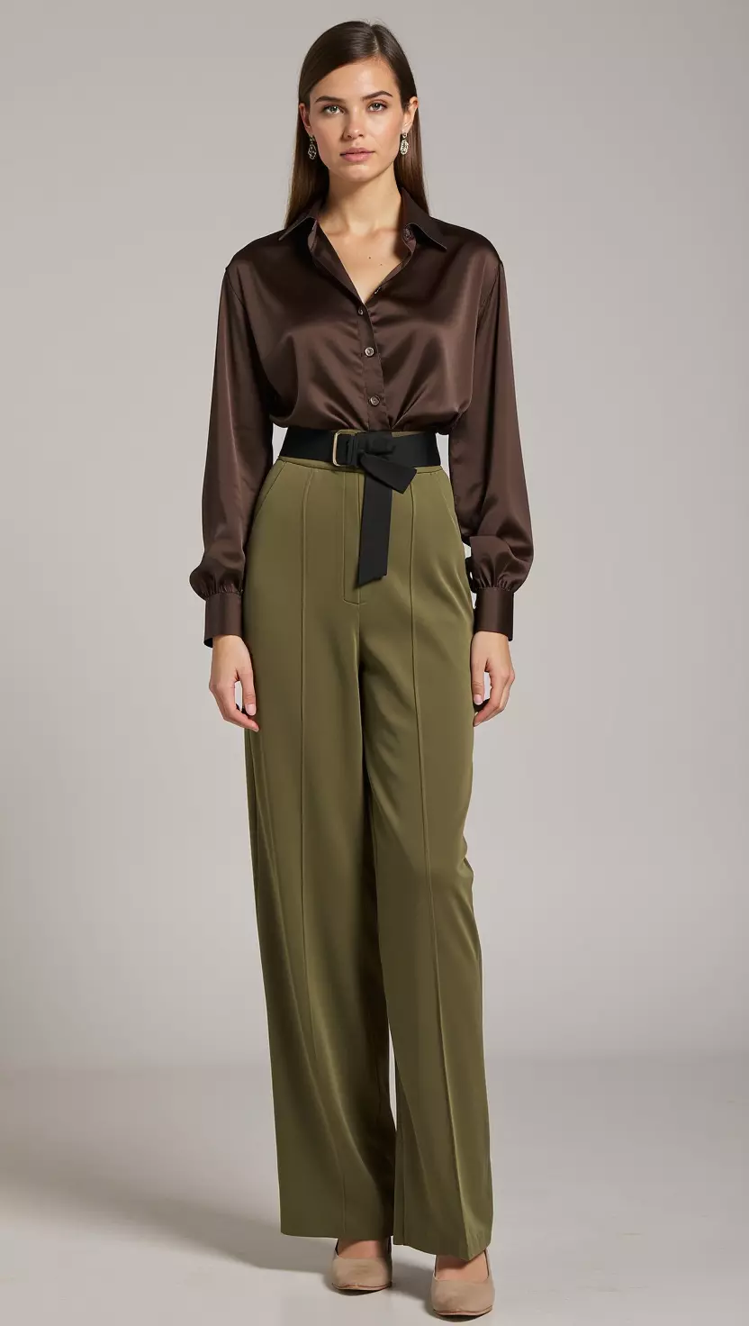 Olive Wide-Leg Trousers Statement A photo of a beautiful woman in high-waisted olive green wide-leg trousers with a black belt, sateen dark brown blouse, pointed beige shoes, female fashion model full body shot, editorial style photography.