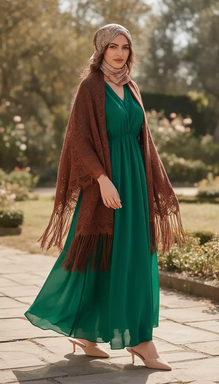 A beautiful woman in an emerald green flowy poet dress, brown fringed shawl, nude mules, and a beaded headscarf.