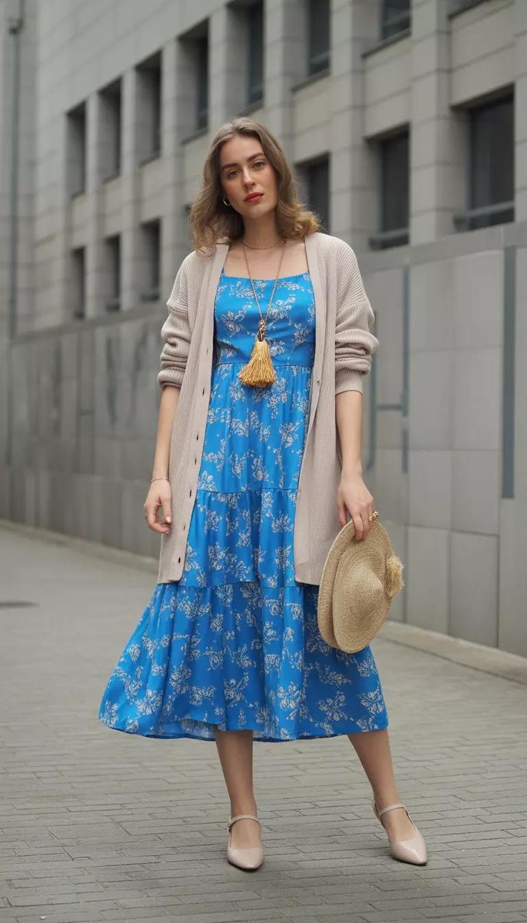 A beautiful woman in a cerulean blue floral print midi dress, tiered skirt, lightweight beige cardigan, nude slingback flats, and a gold tassel necklace.