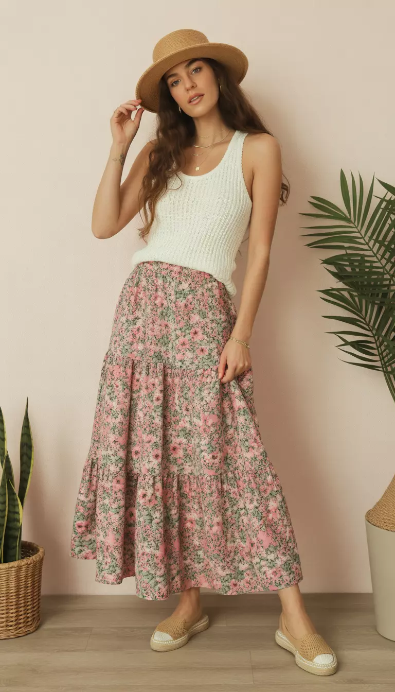 A beautiful woman in a multi-floral tiered maxi skirt with pinks and greens, white knit tank, espadrilles, and a straw hat.