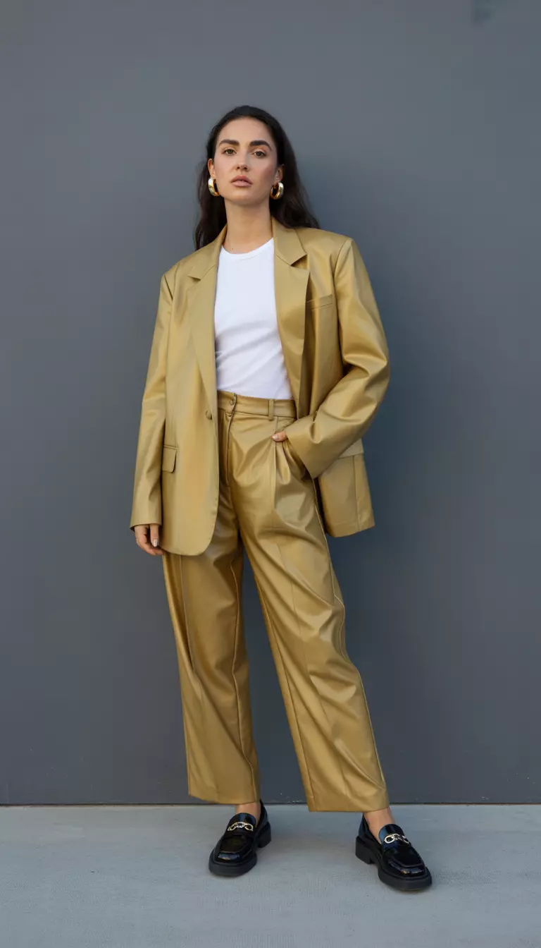 A beautiful woman in a gold oversized suit jacket, matching gold trousers, cloud white tee, black loafers, and bold gold earrings.