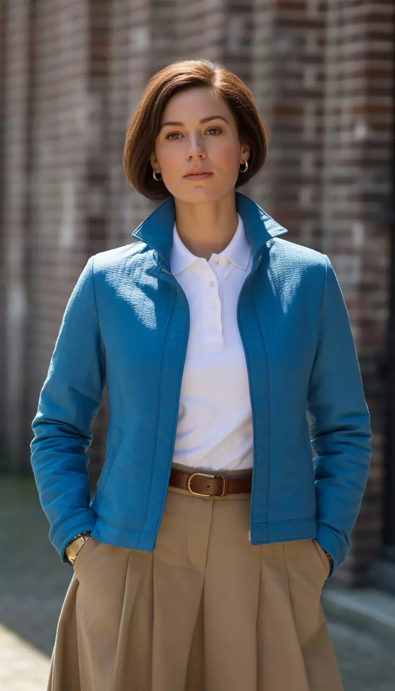 A beautiful woman in a cerulean blue funnel-neck jacket, white polo shirt, khaki pleated skirt, and brown derbies.