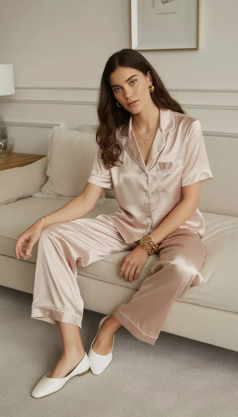 A beautiful woman in a blush pink silk pajama top, matching blush silk pajama pants, white flats, and gold bracelets.