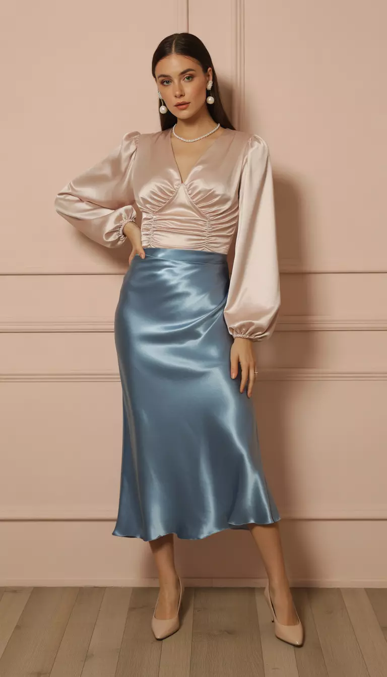 A beautiful woman in a blush pink balloon sleeve satin top, cerulean blue high-waisted satin skirt, nude kitten heels, and pearl drop earrings.