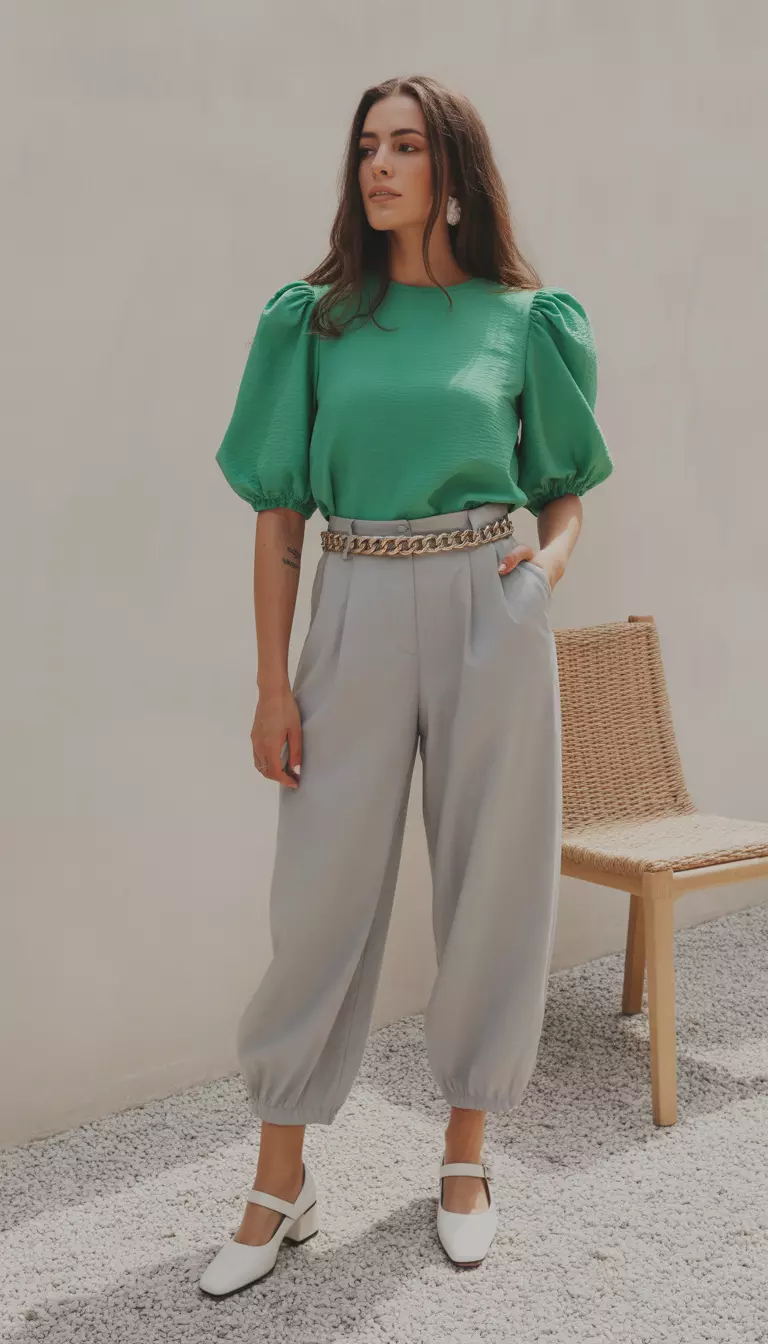 A beautiful woman in an emerald green puff-sleeve blouse, summer grey balloon pants, thin gold chain belt, and white Mary Janes.