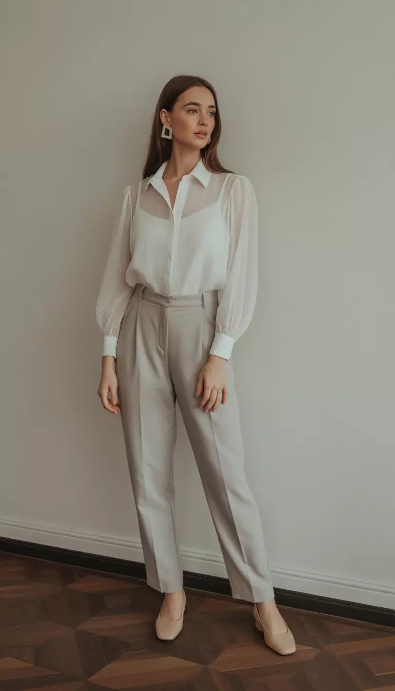 A beautiful woman in a sheer cloud white blouse, summer grey tailored trousers, nude ballet flats, and square resin earrings.