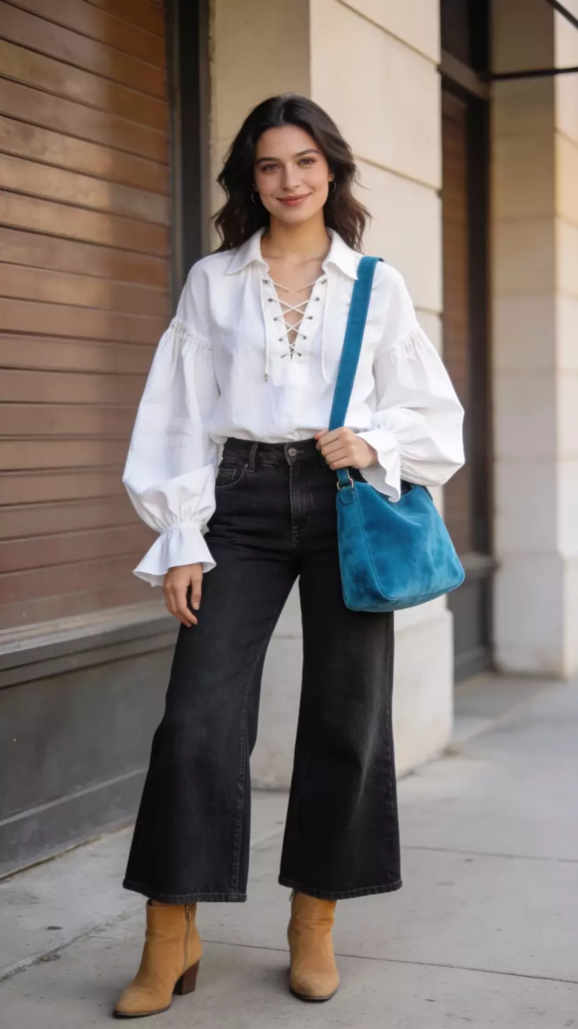 A beautiful woman in a white pirate blouse with buccaneer sleeves, dark-rinse wide-leg jeans, tan ankle boots, and a cerulean blue suede shoulder bag.