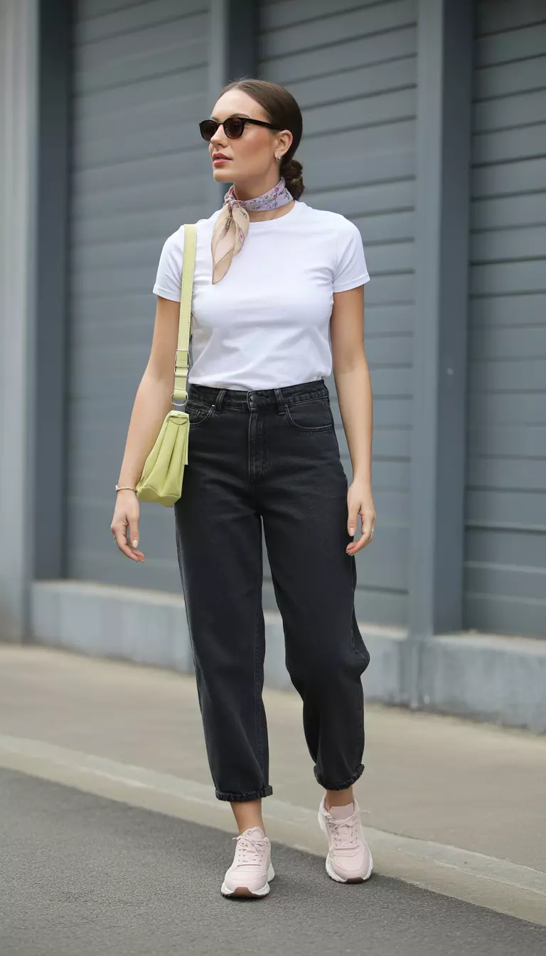 A beautiful woman in a crisp white crew-neck tee, dark indigo high-rise baggy jeans, pastel pink sneakers, a butter yellow crossbody bag, and a floral silk neck scarf.