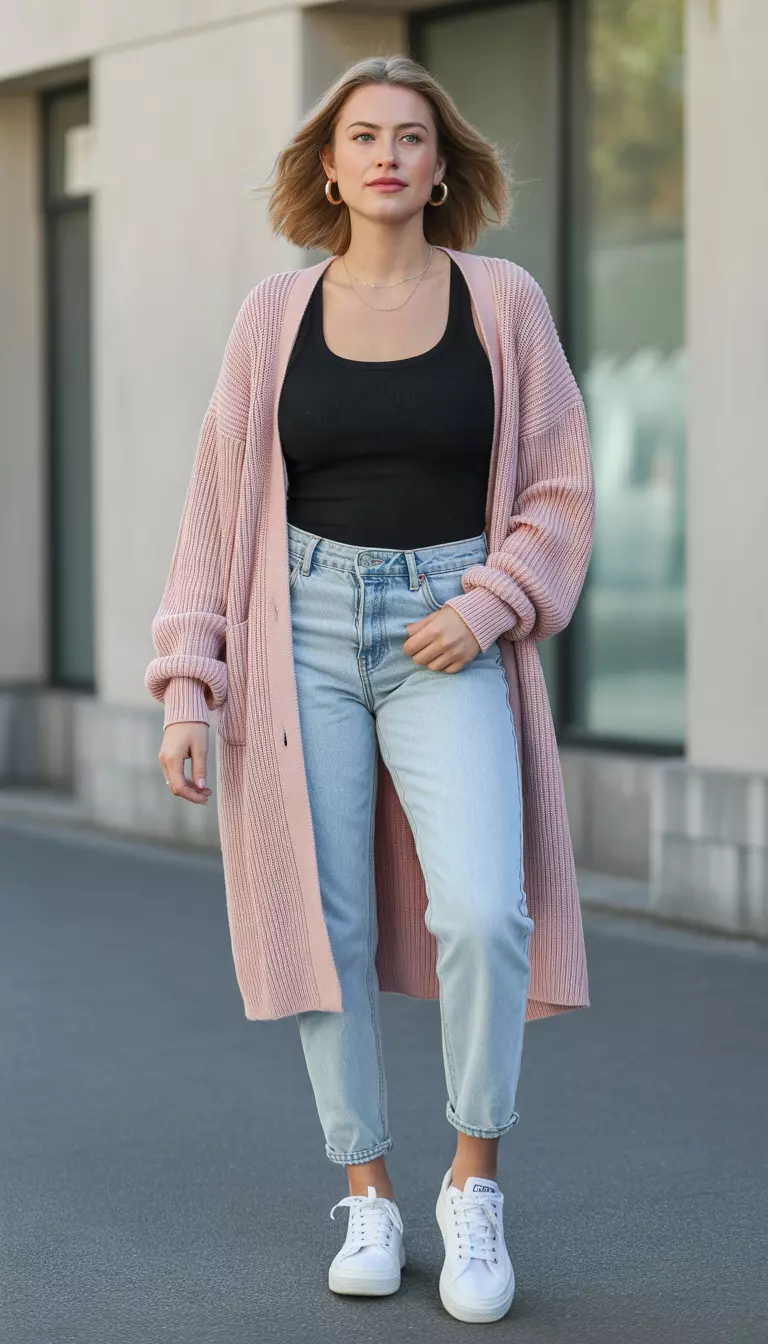 A beautiful woman in a medium-length pastel pink cardigan, black fitted tank top, slim light wash jeans, white canvas sneakers, and gold hoop earrings.