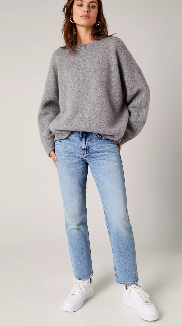 A beautiful woman in an oversized soft grey cotton sweater, faded light blue straight-leg jeans, clean white sneakers, and silver hoop earrings.