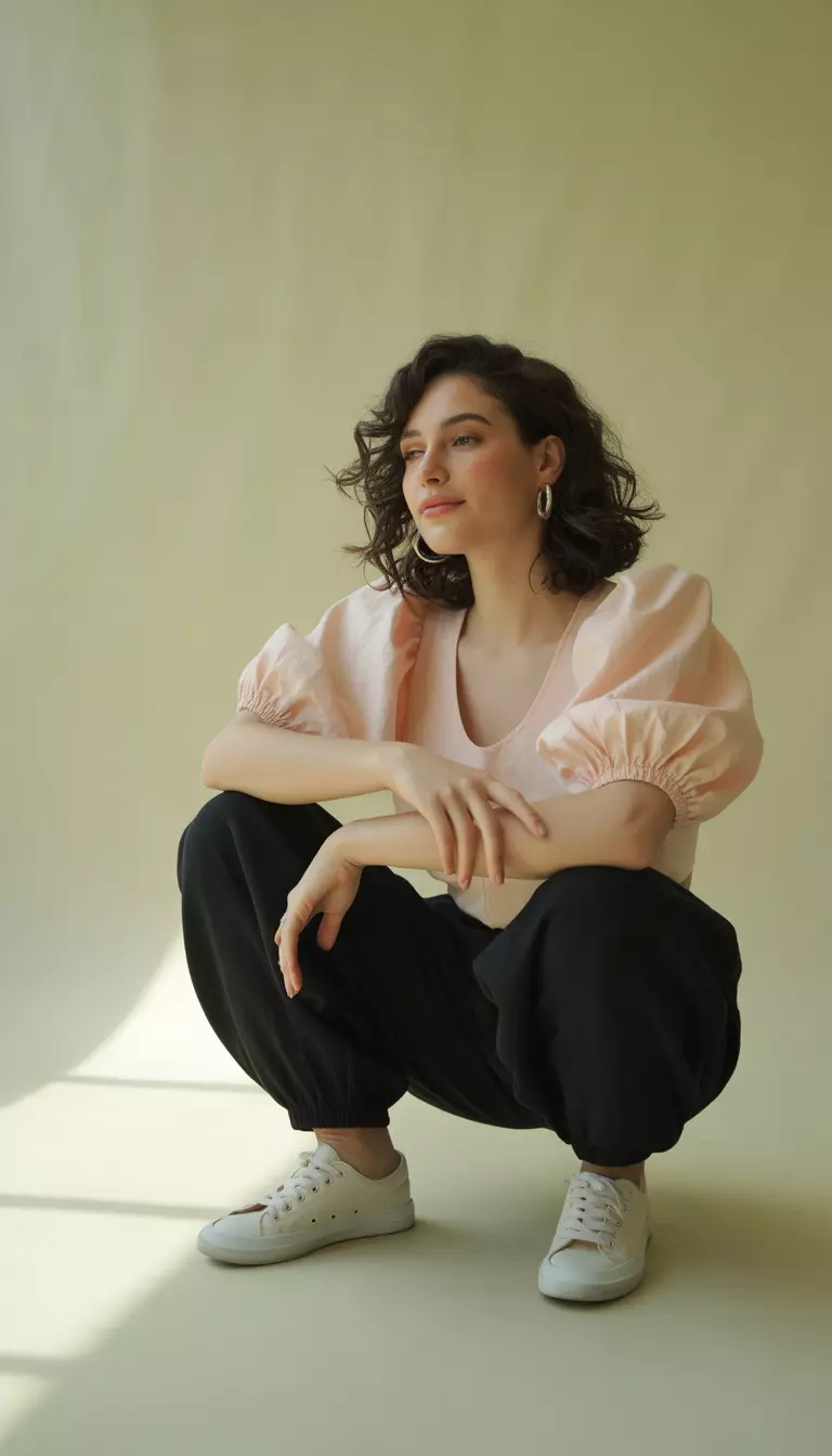 A beautiful woman in black balloon pants, a pastel pink puff-sleeve blouse, low-profile white sneakers, and silver hoop earrings.