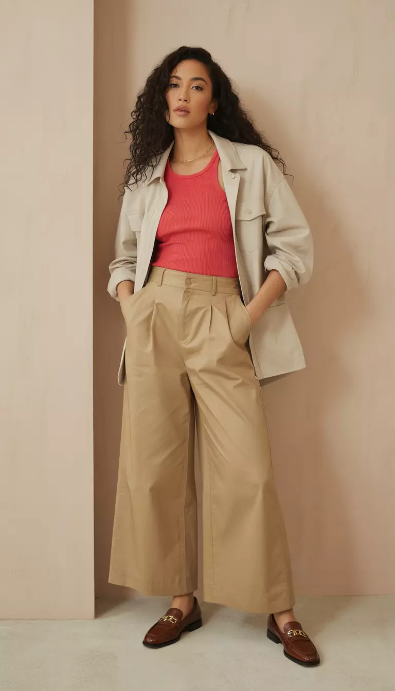 A beautiful woman in wide-leg khaki pants, a bold red fitted tank, a lightweight beige jacket, and brown leather loafers.