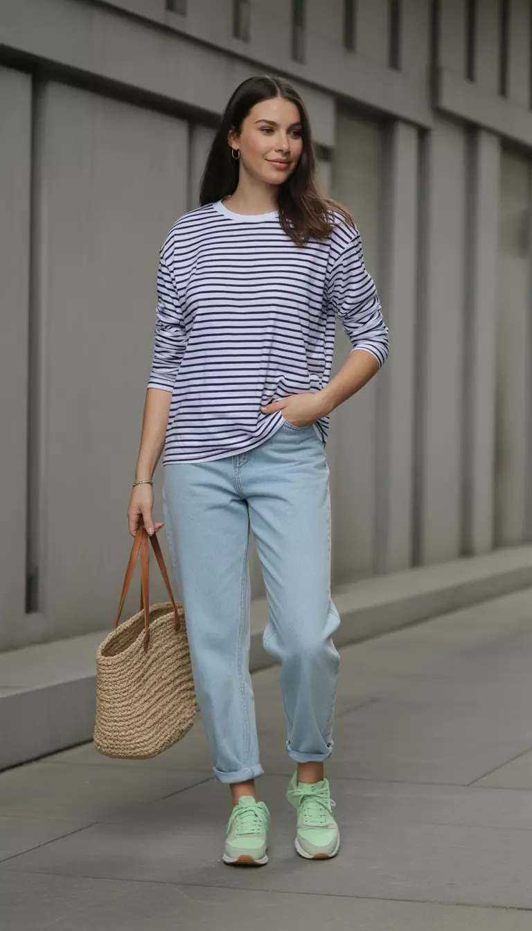 A beautiful woman in a navy-and-white striped long-sleeve tee, light wash mom jeans, pastel green sneakers, and a woven tote bag.