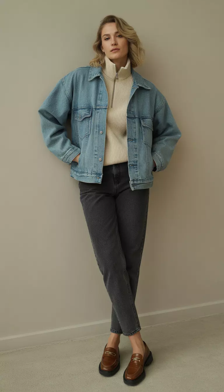A beautiful woman in a faded blue denim barn jacket, cream ribbed half-zip sweater, slim black jeans, and brown leather loafers.