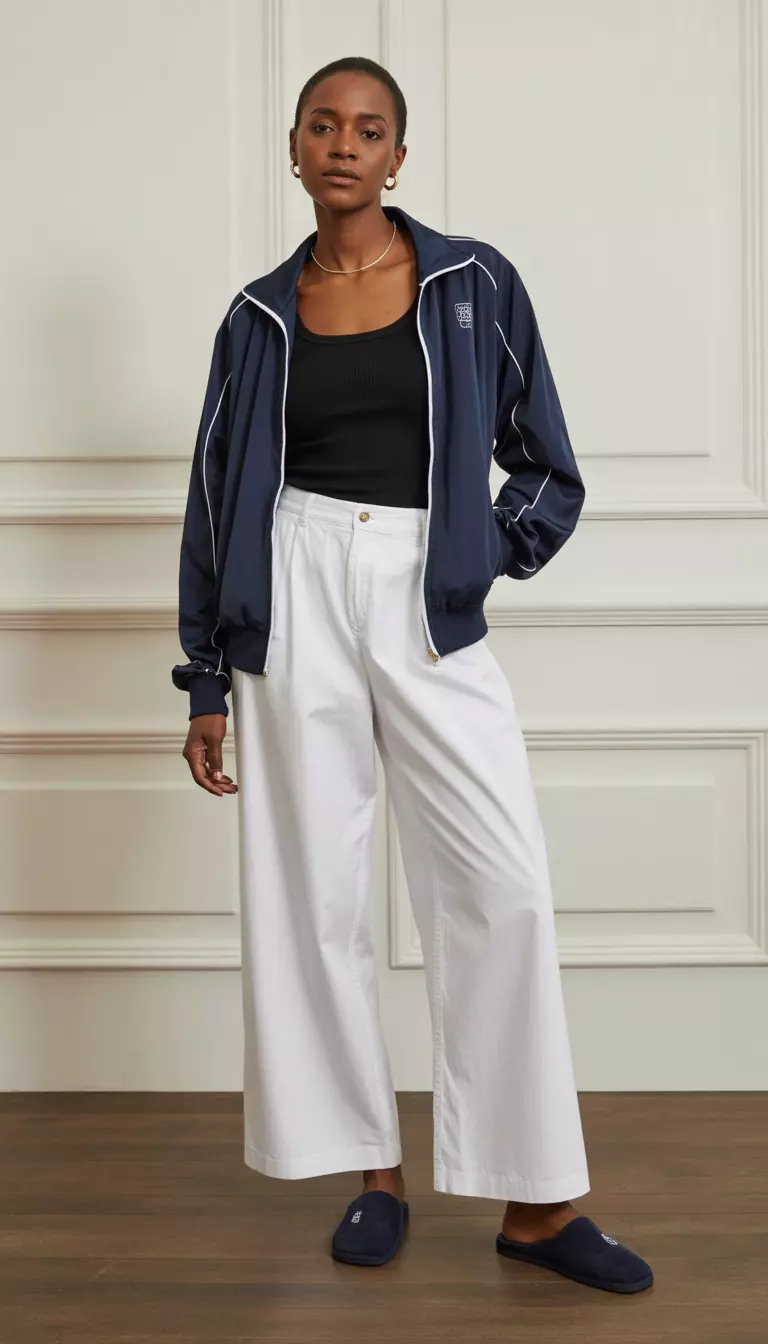 A beautiful woman in a navy tennis track jacket, white poplin wide-leg trousers, a black fitted tank, and navy suede slippers.