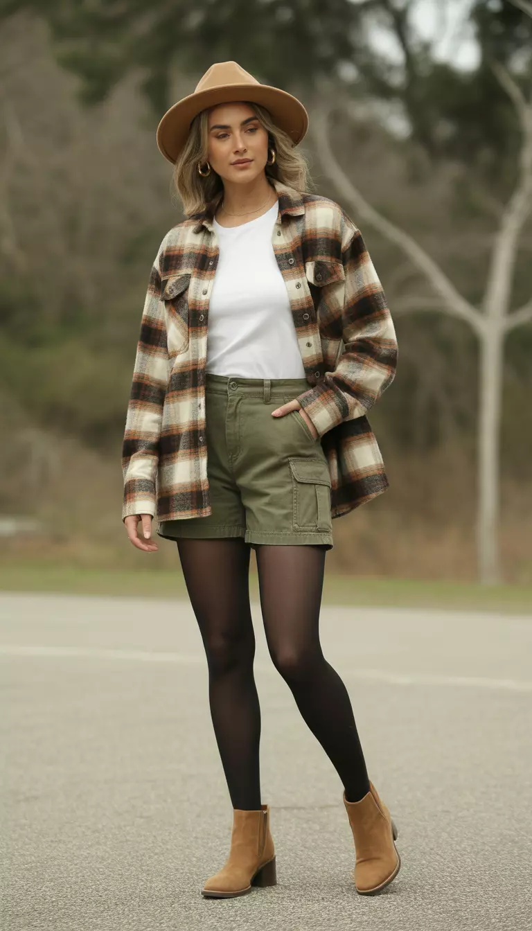 A beautiful woman in an open earthy plaid flannel shirt, white tee, olive green cargo shorts, black opaque tights, and tan suede ankle boots.