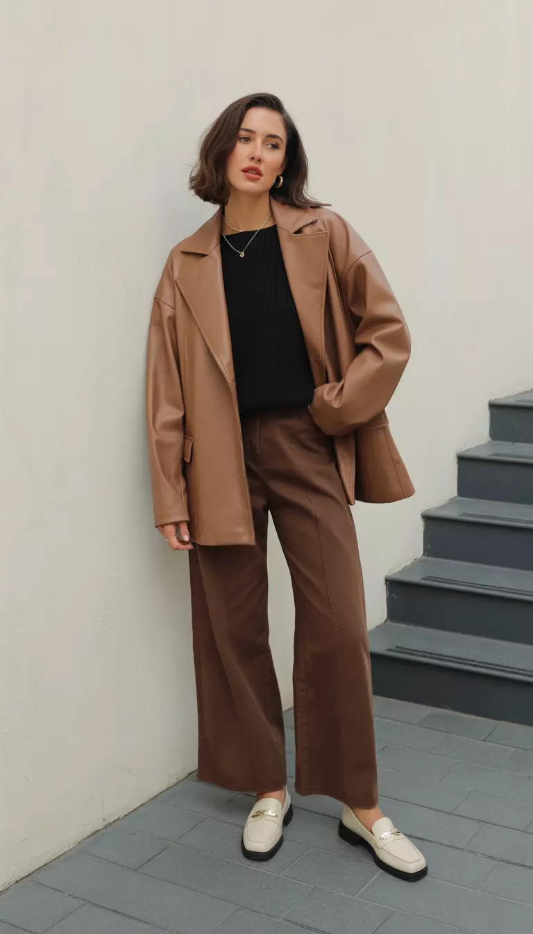 A beautiful woman in a tan faux leather jacket, black boxy knit top, chocolate brown wide-leg pants, and cream leather loafers.