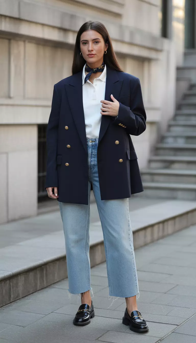A beautiful woman in a navy double-breasted oversized blazer with gold buttons, a white polo sweater, high-rise frayed light blue jeans, black leather loafers, and a small neck scarf.