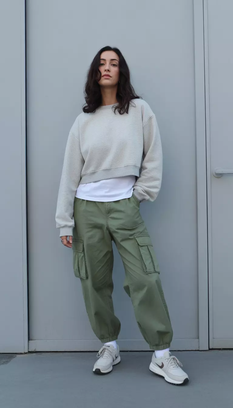 A beautiful woman in olive green cargo pants, a cropped grey sweatshirt, a white tee layered underneath, and retro trainers.