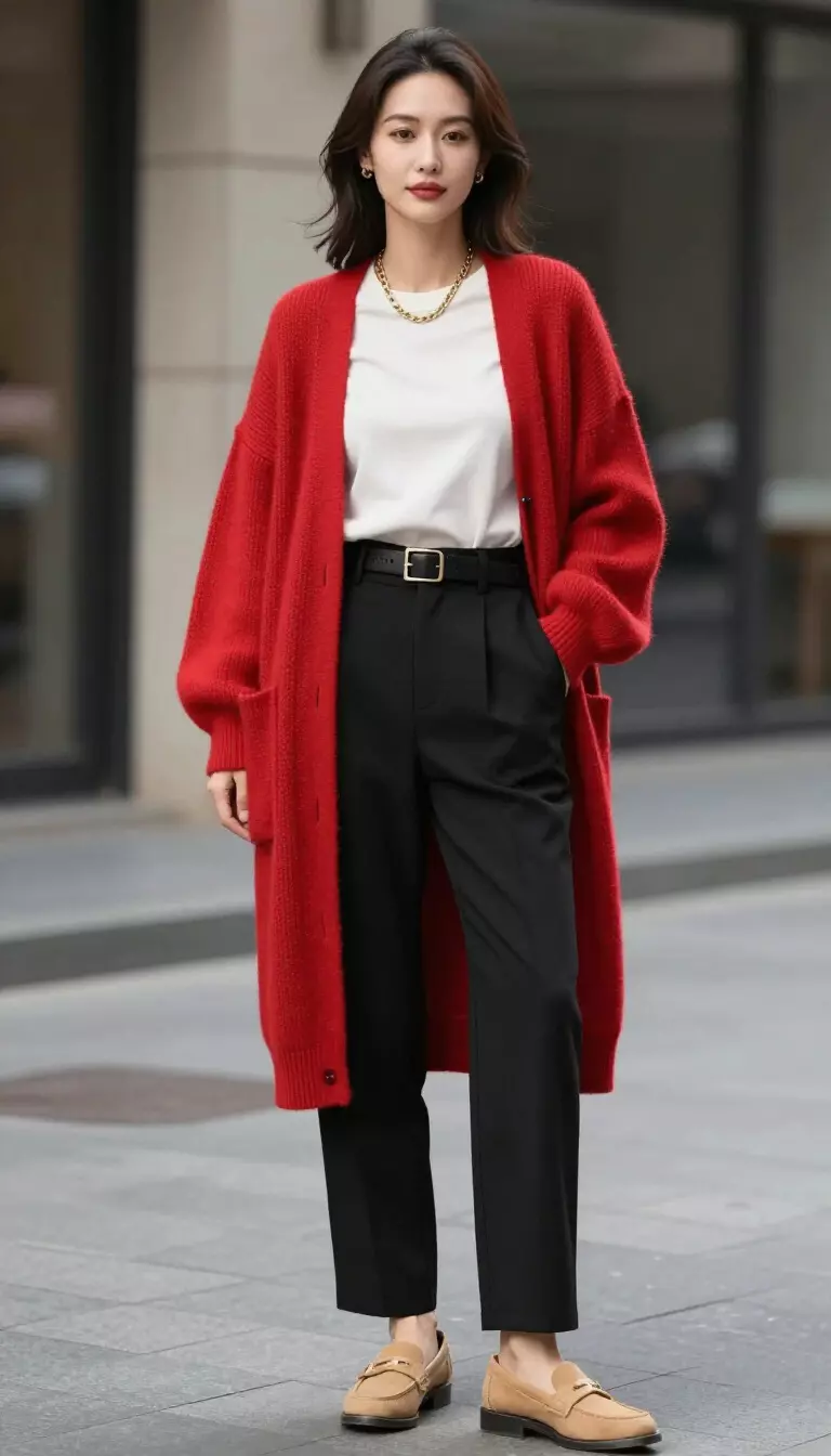 A beautiful woman in a vibrant red oversized cardigan, neutral white tee, high-waisted black trousers, tan loafers, a black leather belt, and a gold chain necklace.