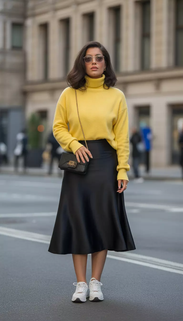 A beautiful woman in a sunshine yellow wool turtleneck, black sateen midi skirt, white sneakers, and a small black chain wallet bag.