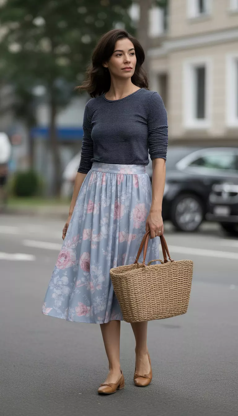 A beautiful woman in a soft floral midi skirt in pastel blue and pink, a muted navy striped long-sleeve tee, tan ballet flats, and a woven straw tote bag.