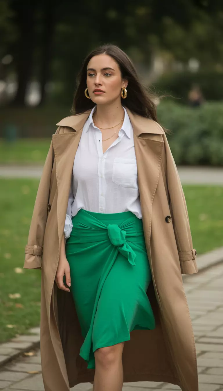 Feel-Good Green Statement Skirt A beautiful woman in a vibrant green statement skirt, an ivory button-up shirt, a beige trench coat, and gold hoop earrings, she walks through a park.