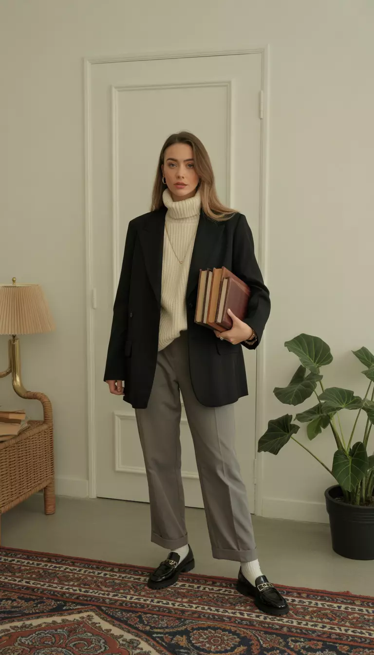 Poet-Core Blazer and Turtleneck A beautiful woman in a black vintage blazer, a cream oversized turtleneck sweater, grey trousers, and black loafers, she holds a stack of leather bound books.