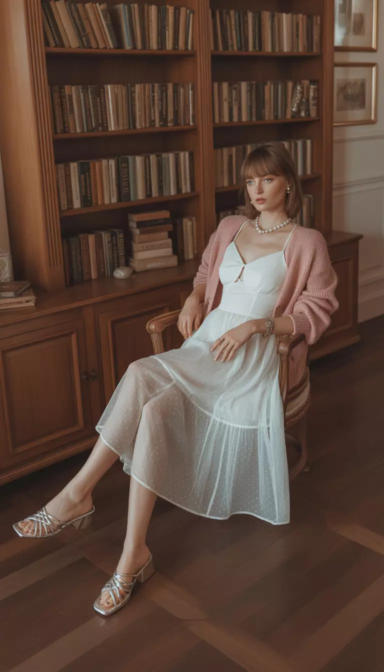 Cardigan Over Sheer Dress A beautiful woman in a cloud dancer white sheer midi dress, a pastel pink cardigan, metallic silver sandals, and pearl brooches, she relaxes in a vintage library room.