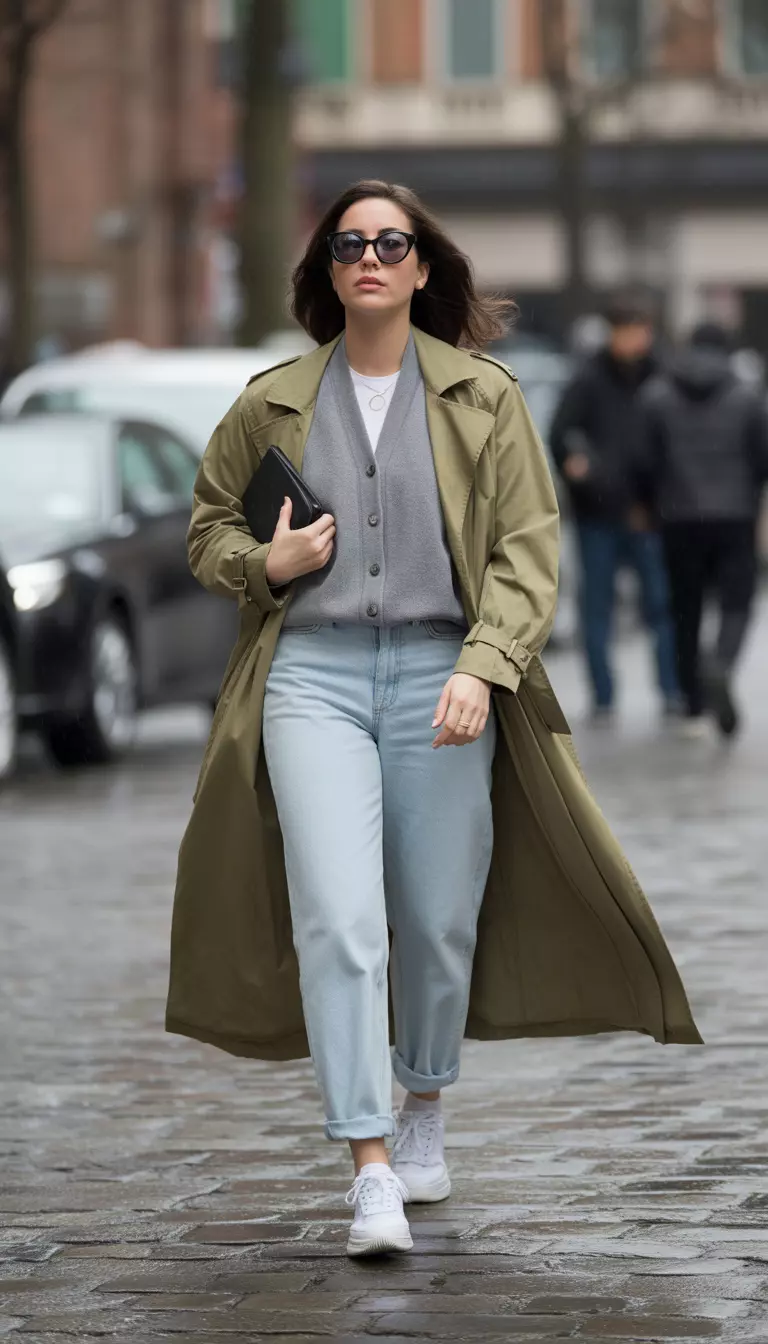 Classic Trench Coat Layered Look A beautiful woman in a khaki trench coat, a grey cashmere cardigan, light wash high-waisted trousers, white sneakers, and black oversized sunglasses, she walks down a rainy cobblestone street.