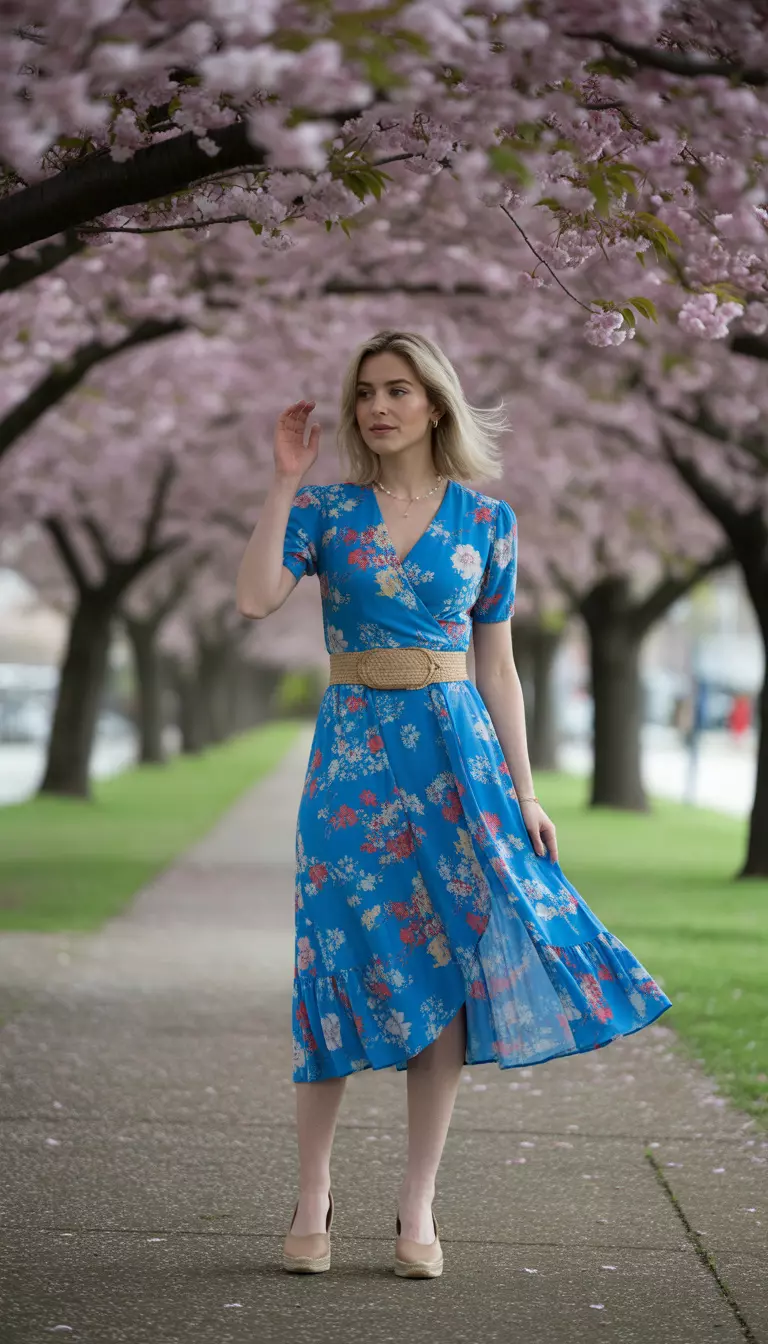 Vibrant Floral Wrap Dress A beautiful woman in a cerulean blue wrap dress with multicolored florals, nude espadrilles, and a woven belt, she stands under a canopy of cherry blossoms.