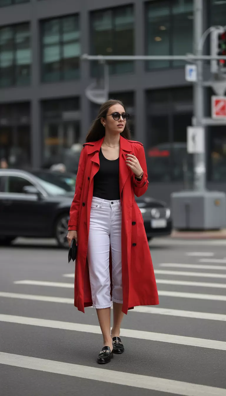 Bold Block Color Trench Outfit A beautiful woman in a fire engine red trench coat, white capris, a black top, and black loafers, she crosses a busy city street.