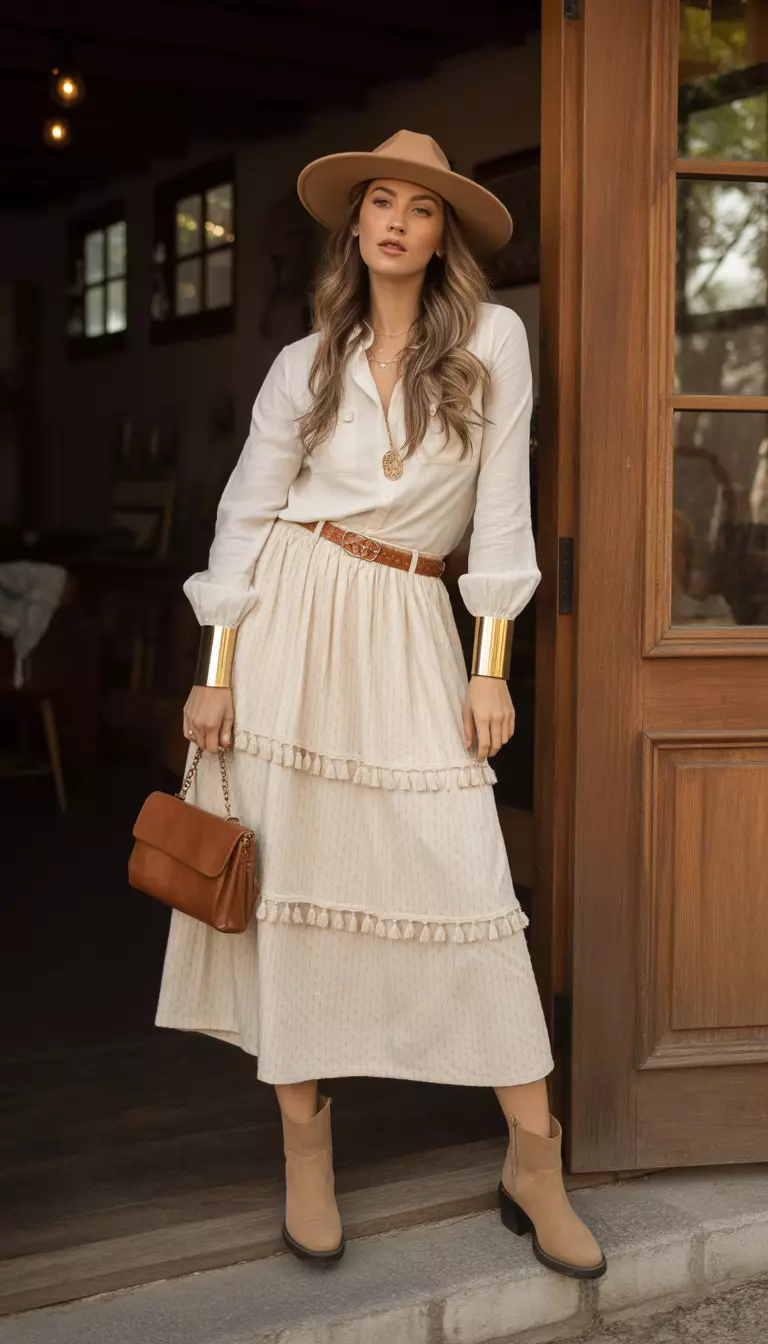 Textured Tassel Skirt Ensemble A beautiful woman in a cream tassel midi skirt, an ivory blouse, tan boots, and gold cuffs, she stands near a rustic wooden doorway.
