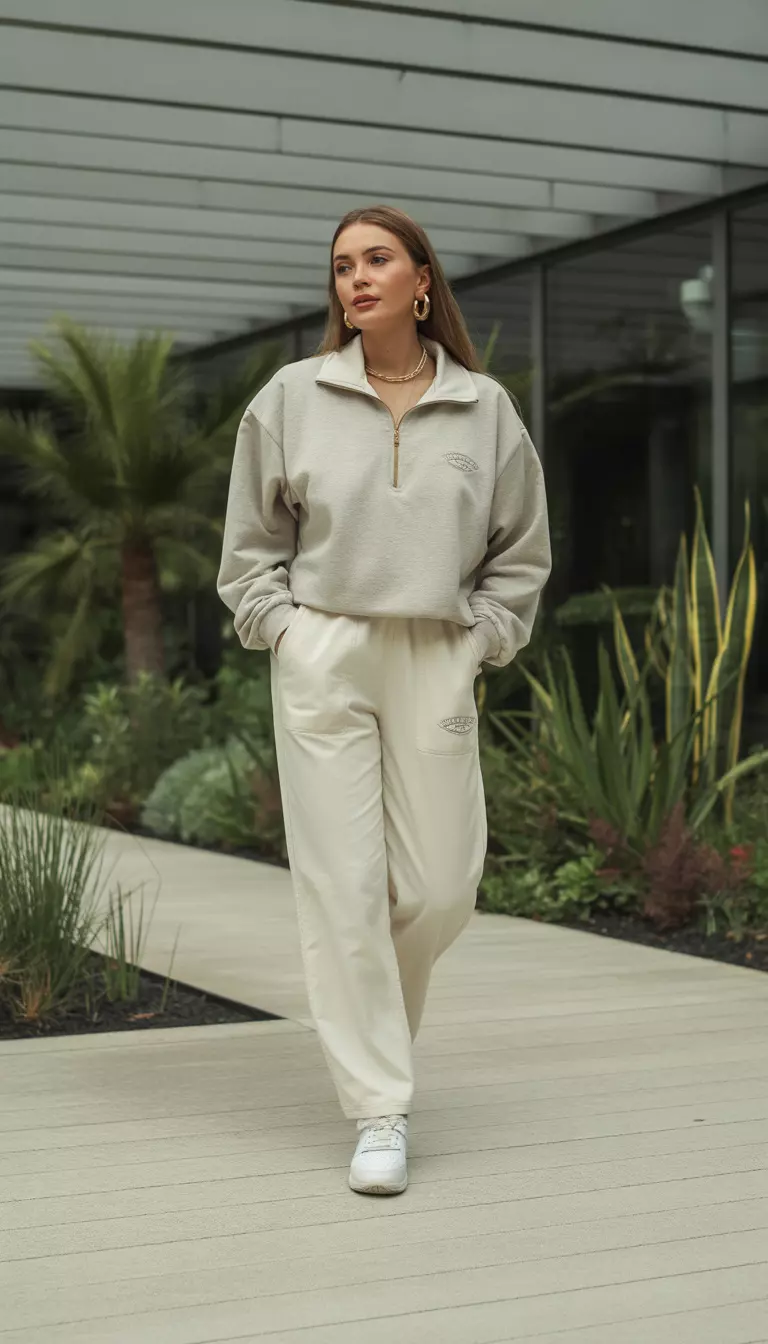 Elevated Minimalist Athleisure A beautiful woman in cream track pants, a grey quarter-zip pullover, white sneakers, and gold jewelry, she walks through a modern botanical garden.