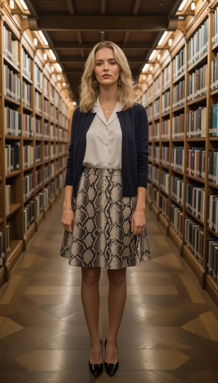Librarian Chic Print Mix A beautiful woman in a patterned snakeskin skirt, a navy cardigan, a white blouse, and black pumps, she stands in an aisle of a grand old library.