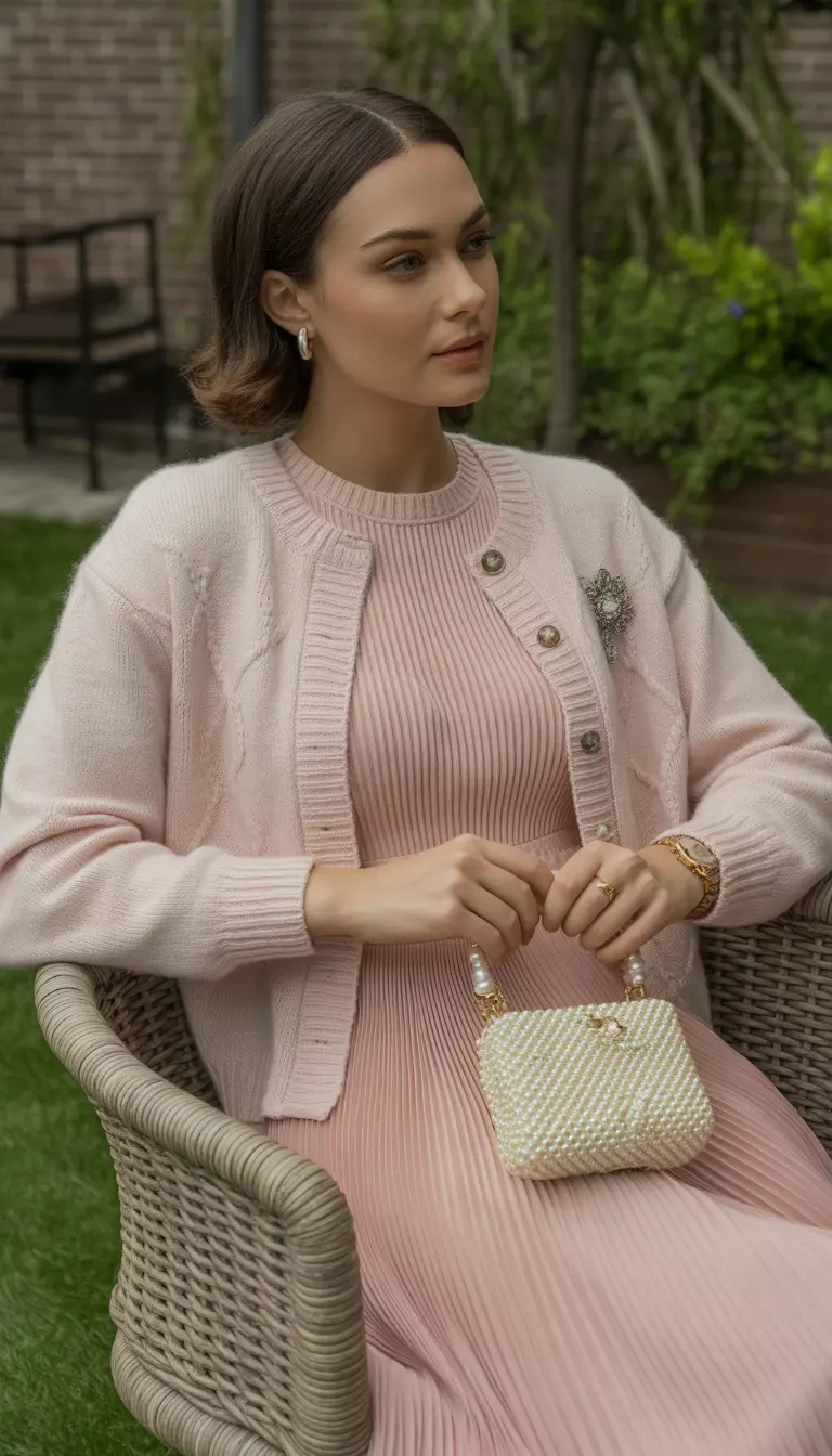 Grandma-Chic Accessories Focus A beautiful woman in a pastel pink dress, a light cardigan with decorative brooches, and a pearl handbag, she sits in a sunlit garden chair.