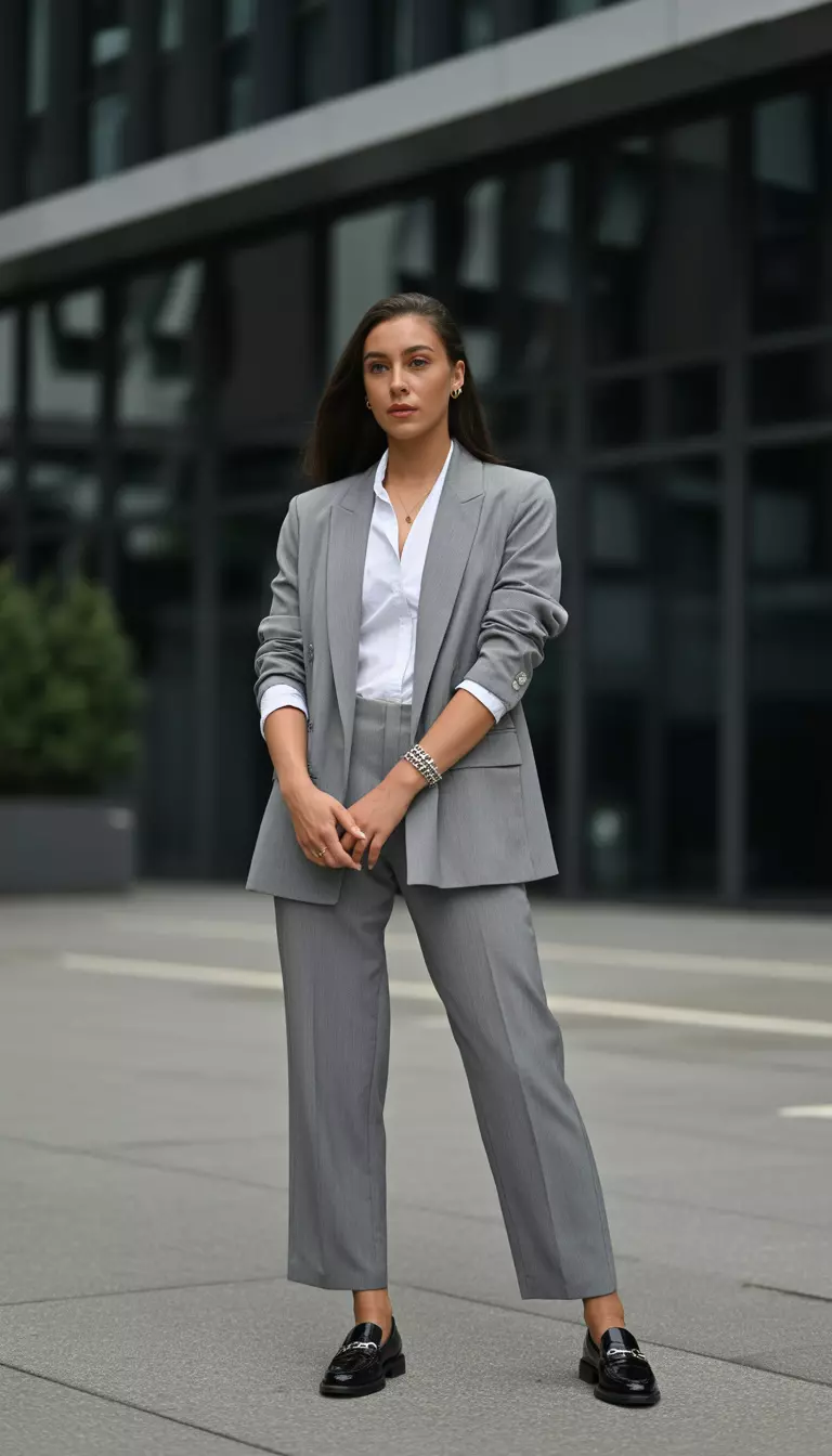 Monochrome Grey Tailored Suit A beautiful woman in a summer grey tailored suit, a white shirt, black loafers, and a silver cuff bracelet, she stands in front of a sleek corporate building.