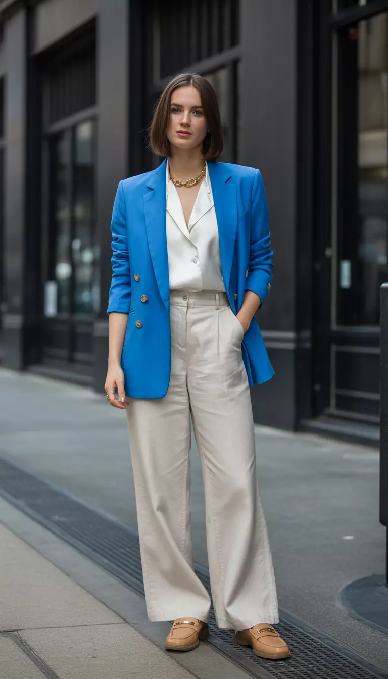 Tailored Blazer and Wide-Leg Pants A beautiful woman in a cerulean blue tailored blazer, a white silk blouse, cream wide-leg linen pants, and tan loafers, she wears a gold chain necklace and stands on a city sidewalk.