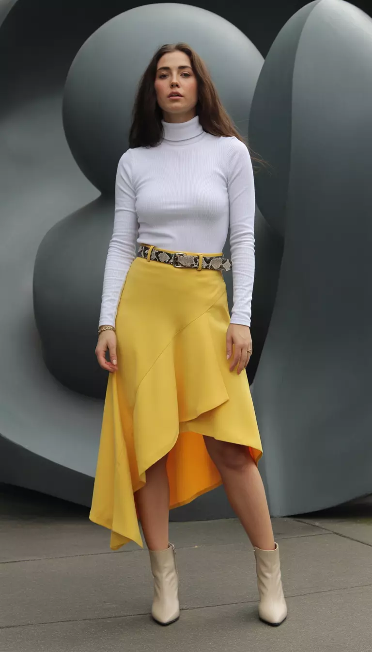 Asymmetrical Hem Skirt Outfit A beautiful woman in a sunshine yellow asymmetrical midi skirt, a fitted white turtleneck, beige ankle boots, and a snakeskin belt, she poses near a modern art sculpture.
