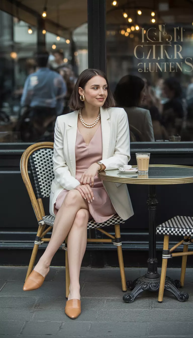 Blush Pink Shift Dress Combination A beautiful woman in a blush pink shift dress, a cream blazer, tan mules, and pearl studs, she sits at a cafe table with a latte.